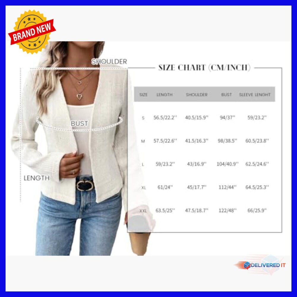 Women's Tweed Blazer Jacket Collarless Open Front Slim Fit Work Casual - Picture 6 of 7